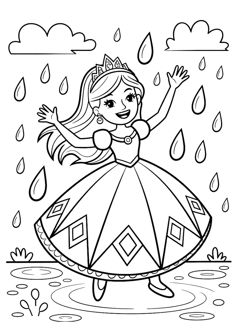 Kleurplaat van een prinses met tiara die met gespreide armen danst terwijl regendruppels vallen en plassen liggen