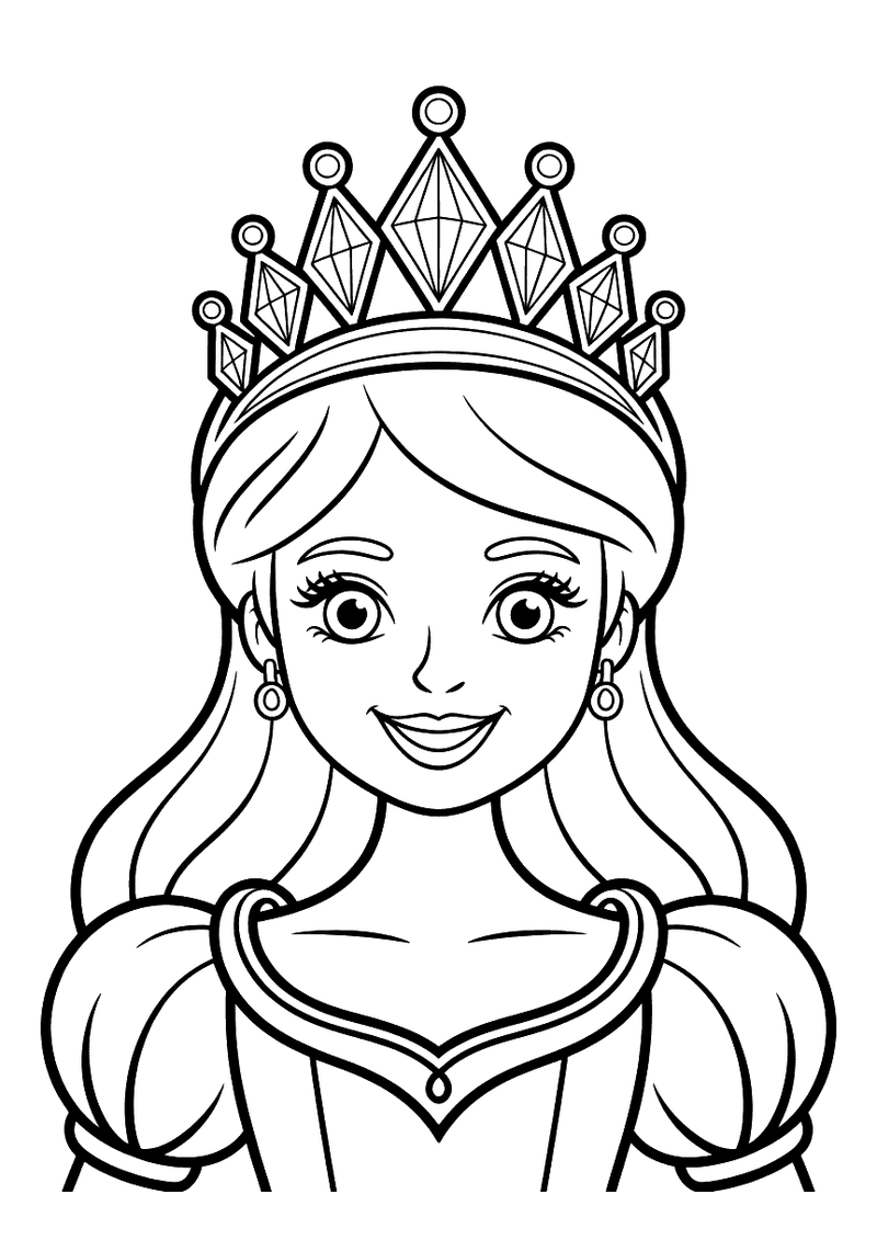 Kleurplaat van het portret van een prinses met lang haar en een grote tiara vol diamanten en siersteentjes