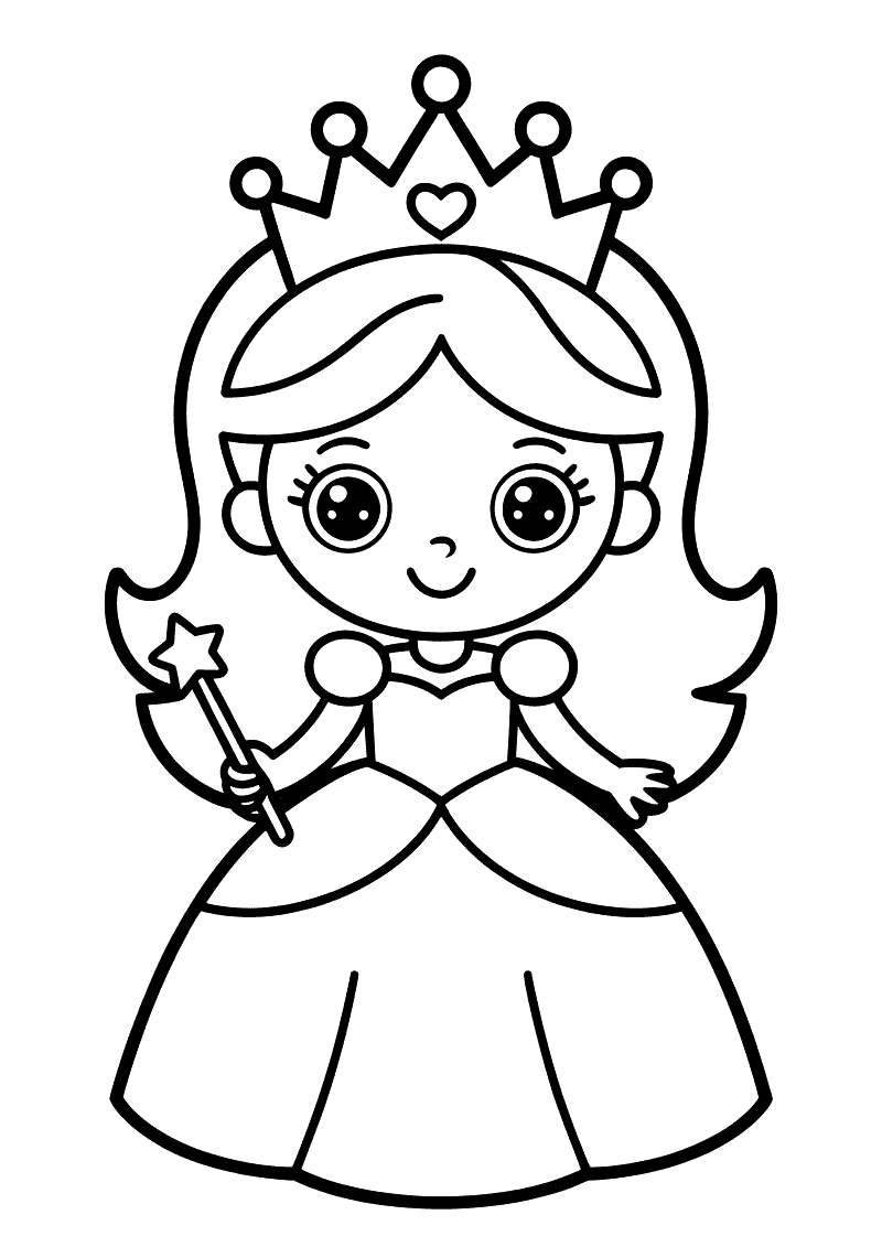 Kleurplaat van een kawaii-prinses met grote ogen, een ronde kroon en een toverstaf met ster in een bolletjesjurk