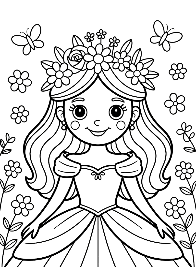 Kleurplaat van een glimlachende prinses met een bloemenkrans op haar hoofd omringd door bloemen, vlinders en een hartje