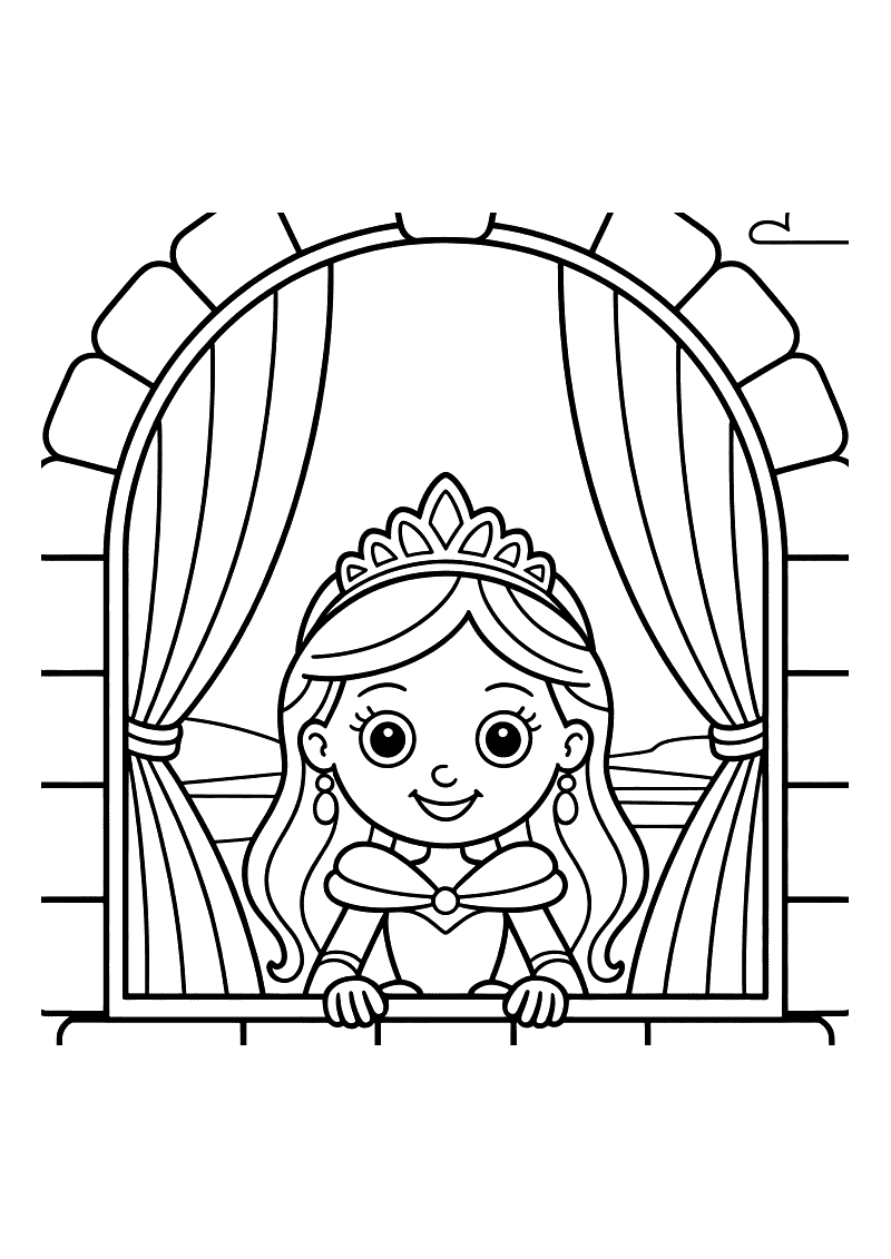 Kleurplaat van een prinses met tiara die lachend uit een groot kasteelraam met gebogen boog en gordijnen kijkt