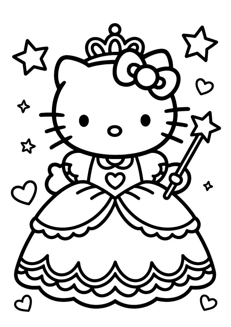 Kleurplaat van Hello Kitty in een grote prinsessenjurk met een tiara op haar hoofd en een toverstaf met ster