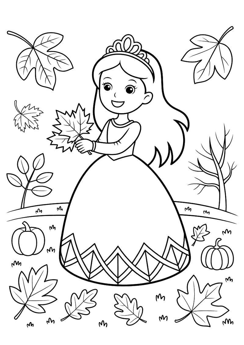 Kleurplaat van een prinses met tiara die een herfstblad vasthoudt, omringd door vallende bladeren en pompoenen in een he