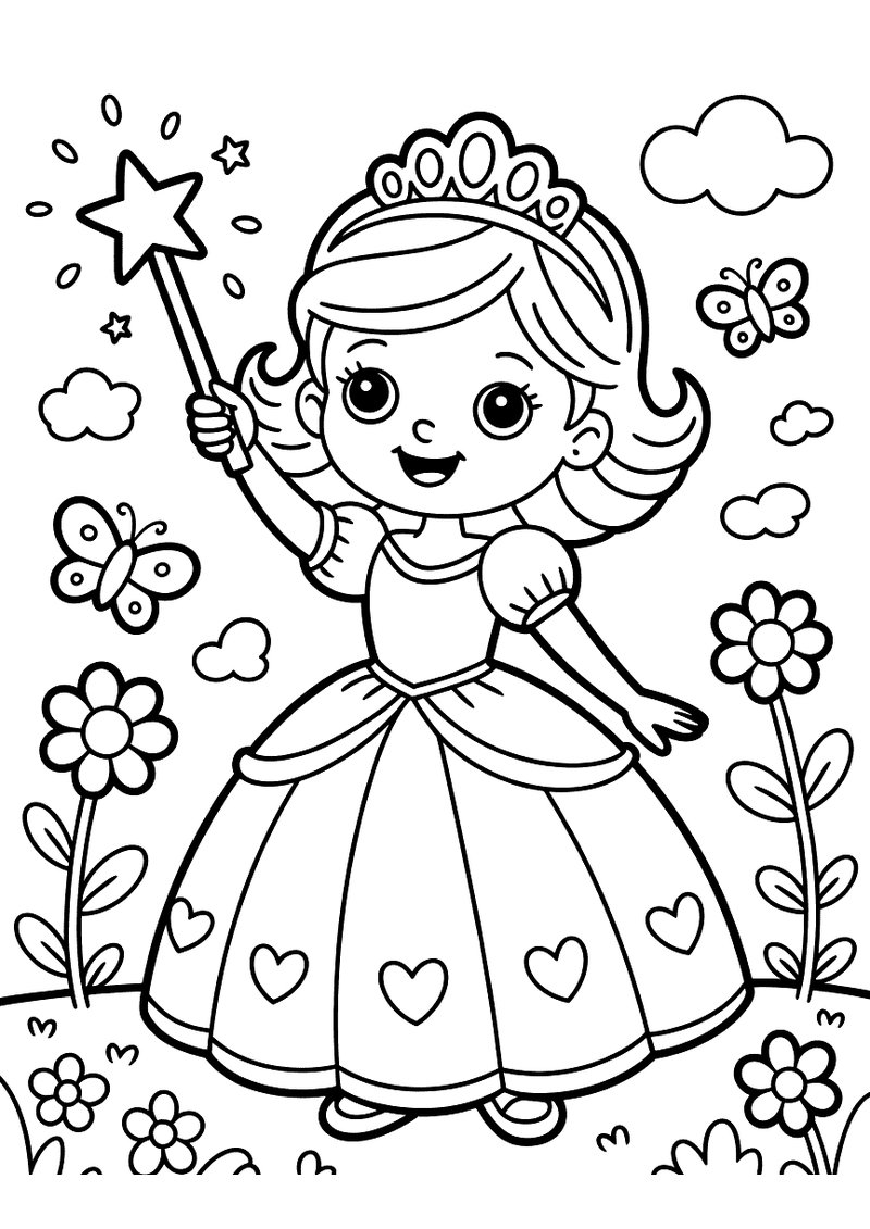 Kleurplaat van een vrolijke prinses met tiara die een toverstaf met ster omhooghoudt in een tuin vol bloemen en vlinders