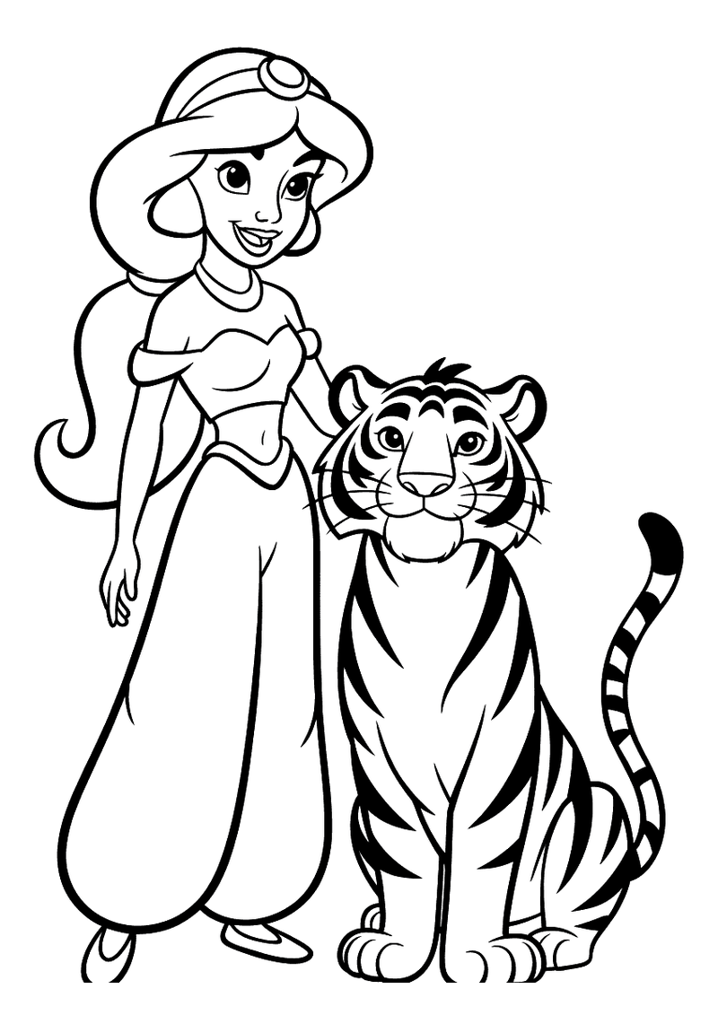 Kleurplaat van prinses Jasmine in haar karakteristieke outfit die naast haar grote tijger Rajah staat en glimlacht