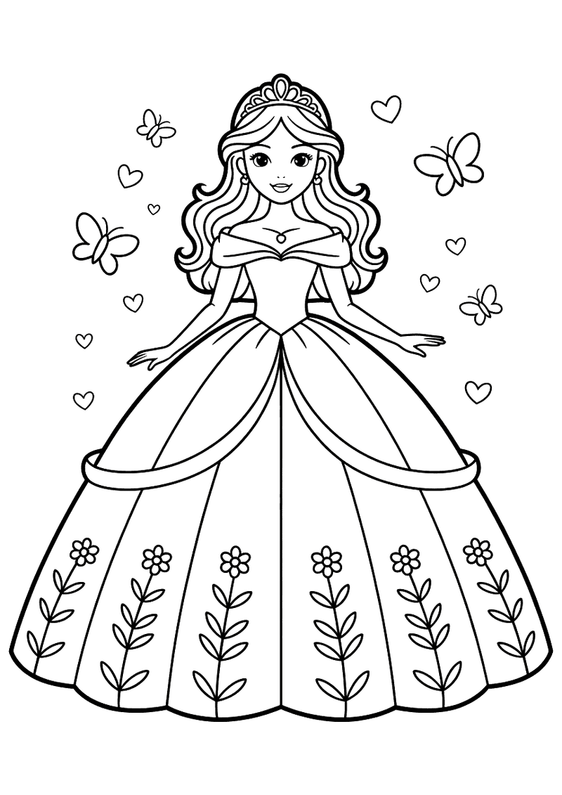Kleurplaat van een prinses in een brede jurk met bloempatroon die waaiert, omringd door vlinders en hartjes