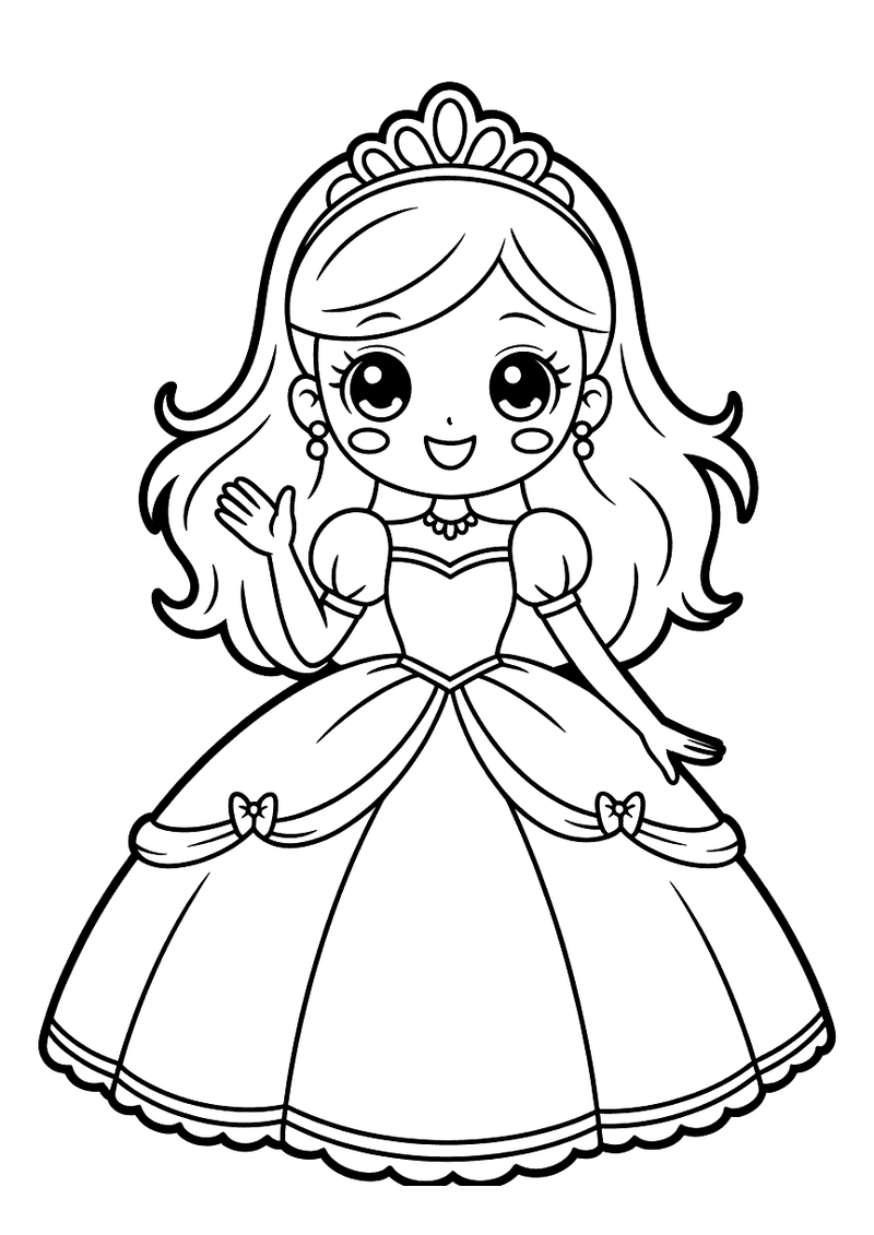 Kleurplaat van een kawaii-prinses met grote ogen, tiara, een gestippelde baljurk en een strik die lachend zwaait