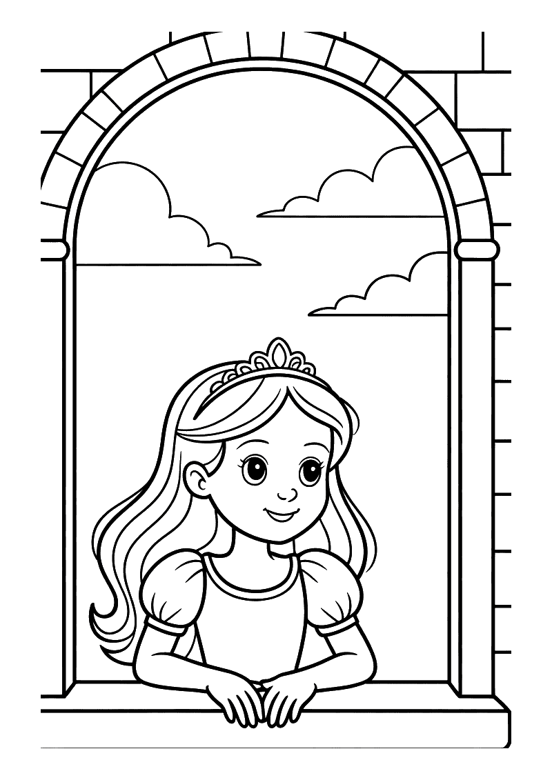 Kleurplaat van een prinses met tiara en lang haar die met gevouwen handen uit een groot stenen kasteelraam leunt en naar