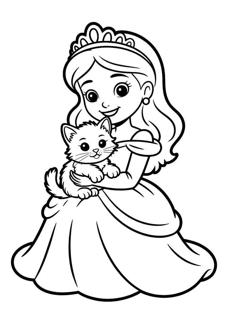 Kleurplaat van een prinses met tiara en baljurk die een pluizig kitten in haar armen houdt en het zachtjes knuffelt