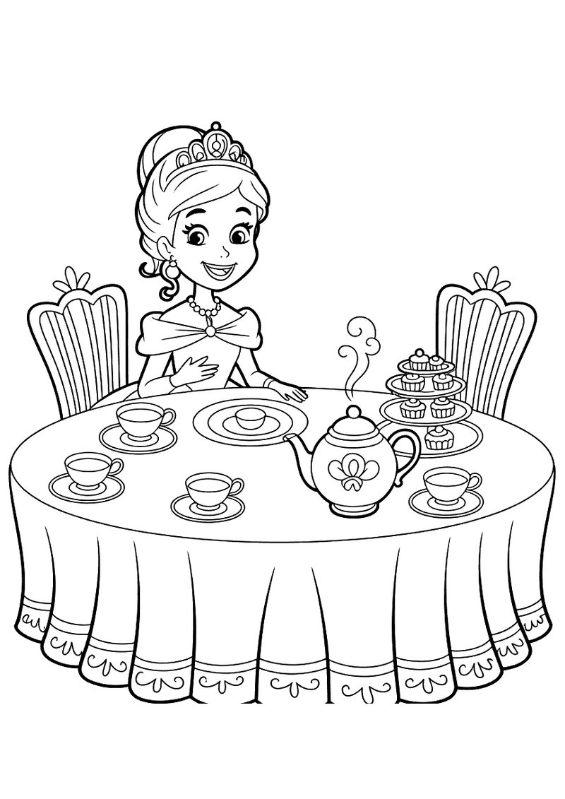 Kleurplaat van een prinses met opgestoken haar en tiara die aan een ronde tafel zit met een theepot, kopjes en een stand