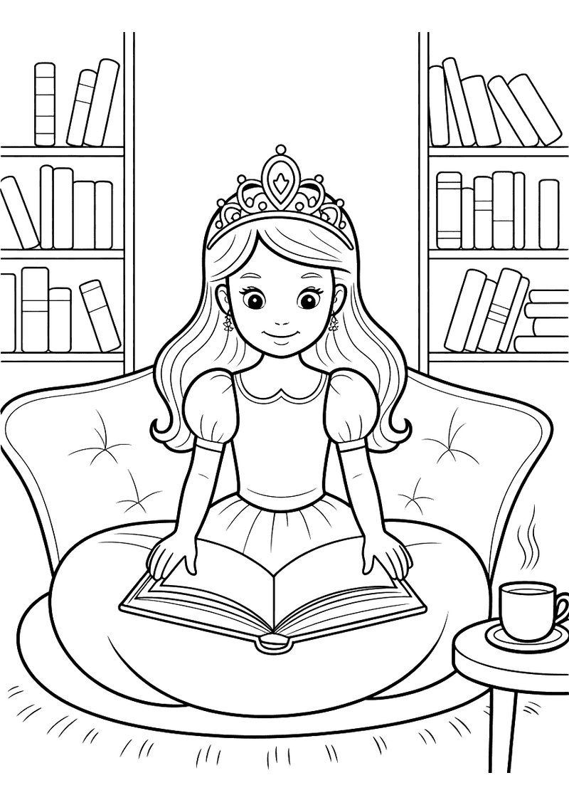 Kleurplaat van een prinses met tiara die op een ronde kussenstoel zit en een opengeslagen boek leest, met boekenkasten e