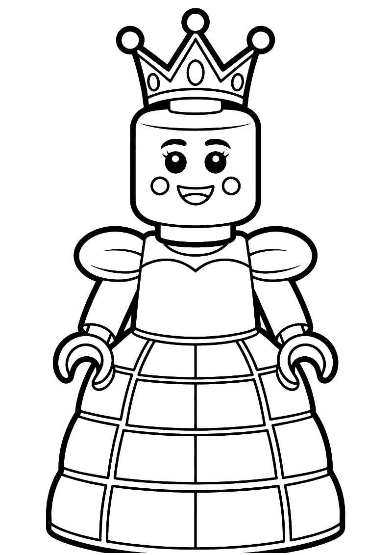 Kleurplaat van een Lego-figuurtje als prinses met een kroon op haar ronde hoofd en een brede gelaagde prinsessenjurk