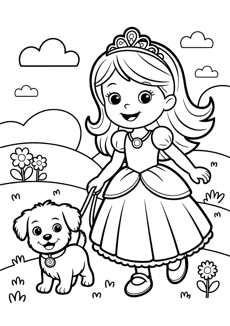 Kleurplaat van een lachende prinses met tiara en jurk die buiten op een grasveld loopt met een vrolijke puppy naast haar