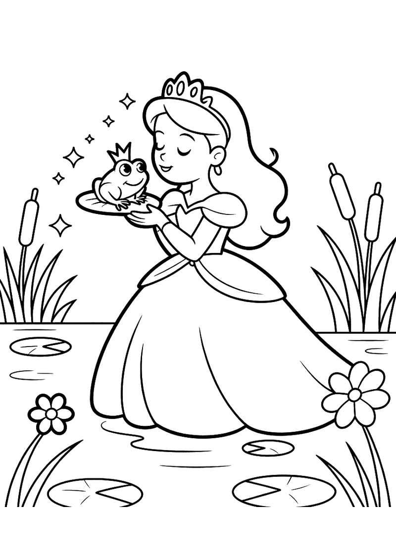 Kleurplaat van een prinses die bij een vijver met waterlelies en riet een glinsterend kikker kust die op haar hand zit