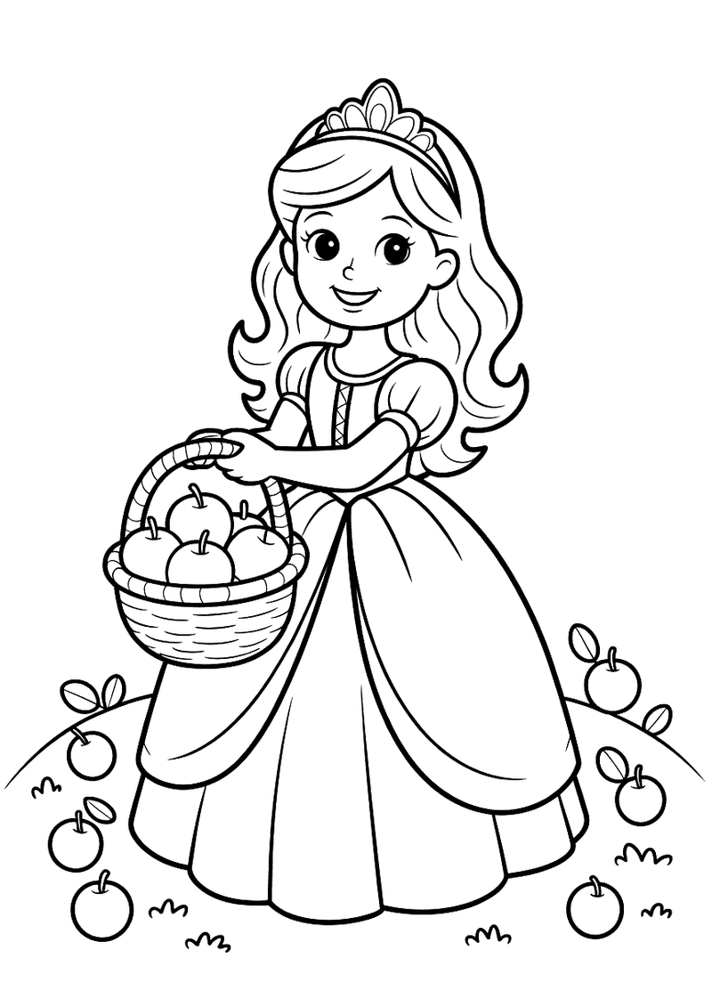 Kleurplaat van een prinses met tiara die een gevlochten mandje vol appels draagt in een boomgaard met appels op de grond