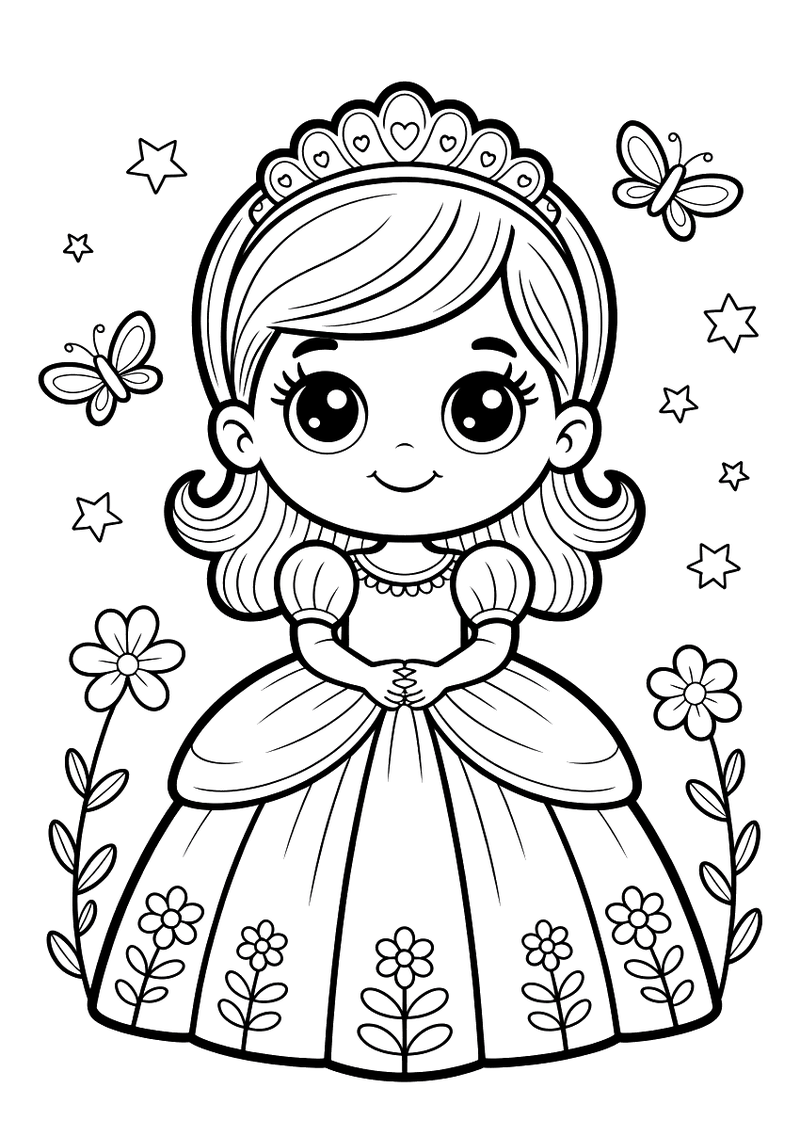 Kleurplaat van een schattige kleine prinses met grote glanzende ogen, een kroon, een hartjeshalter en een bloemenrok in