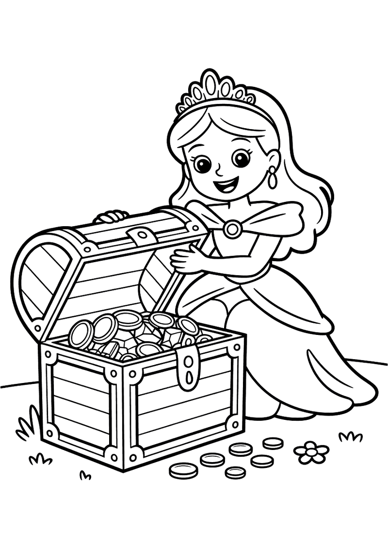 Kleurplaat van een prinses met tiara die knielt bij een grote opengeslagen schatkist vol munten en goud, met bloemen op