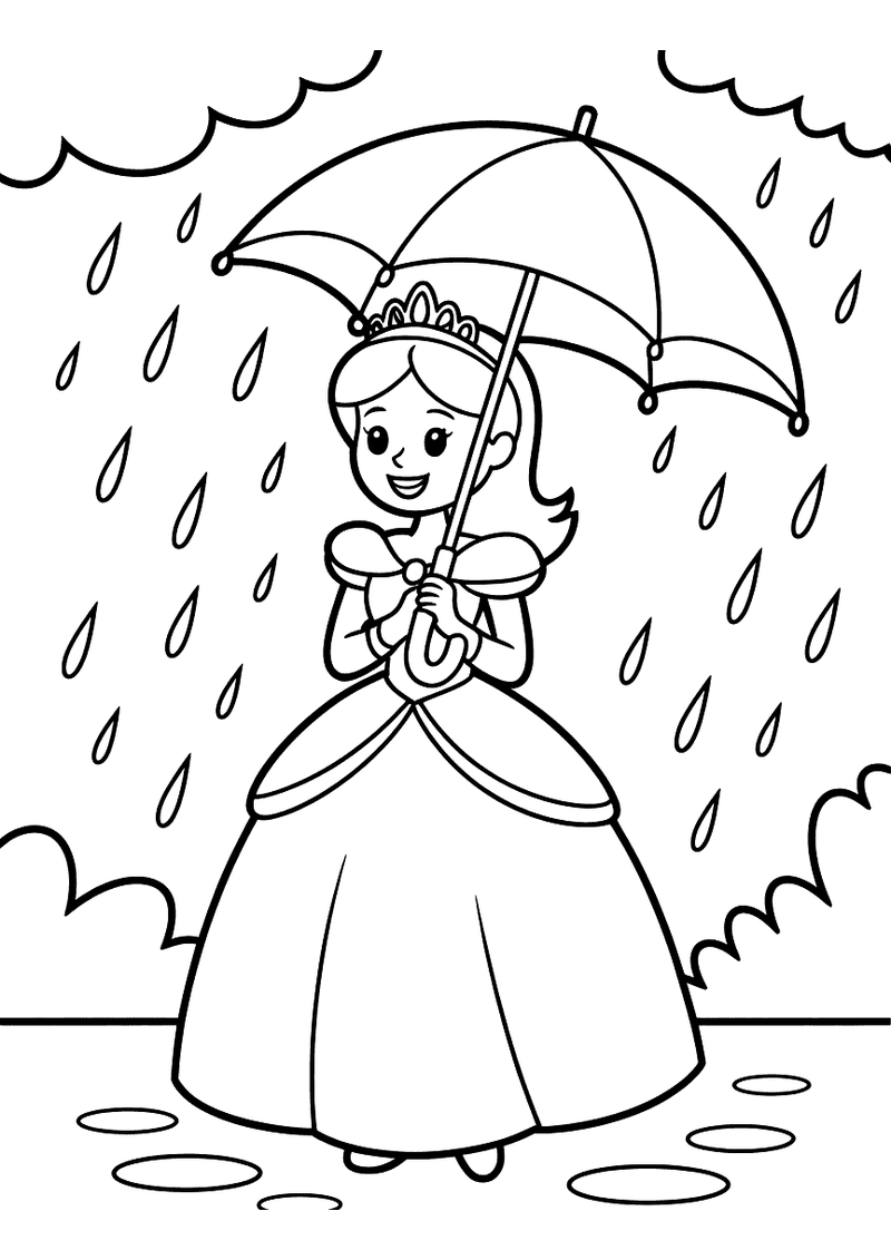 Kleurplaat van een glimlachende prinses met tiara en baljurk die een geopende paraplu boven haar hoofd houdt terwijl het