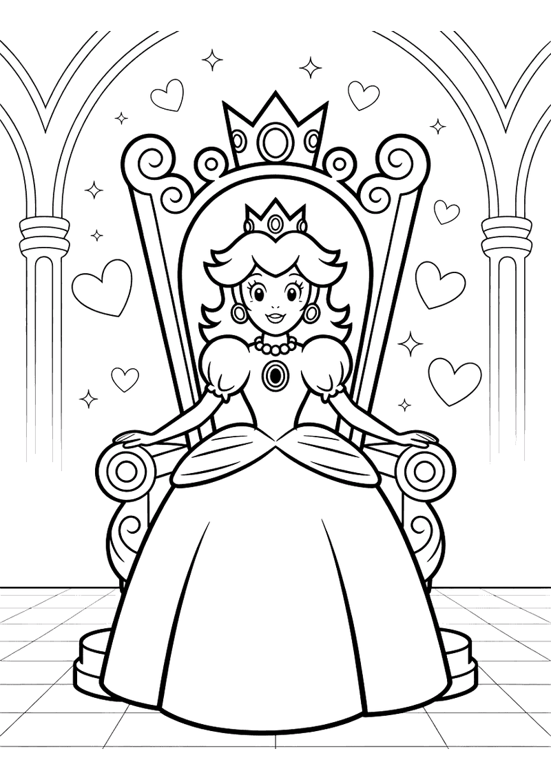 Kleurplaat van Prinses Peach op een sierlijke troon in een kasteelzaal met hartjes en zuilen op de achtergrond