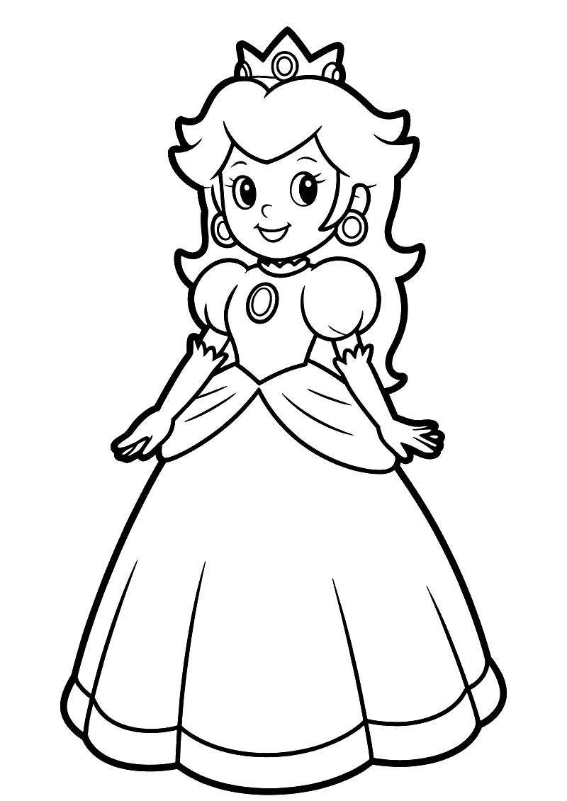 Kleurplaat van Prinses Perzik uit Super Mario in haar kenmerkende roze baljurk met tiara, pareloorbellen en een glimlach