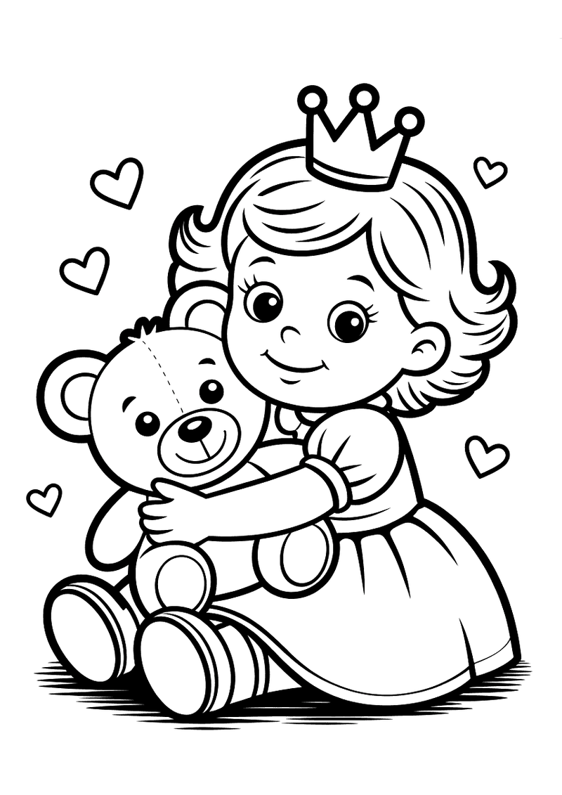 Kleurplaat van een kleine peuter-prinses met een kroon op haar hoofd die op de grond zit en een grote teddybeer knuffelt