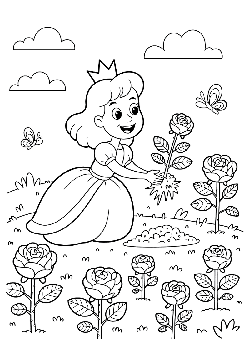 Kleurplaat van een lachende prinses met kroon die in een tuin knielt om een roos in de grond te planten, omringd door bl