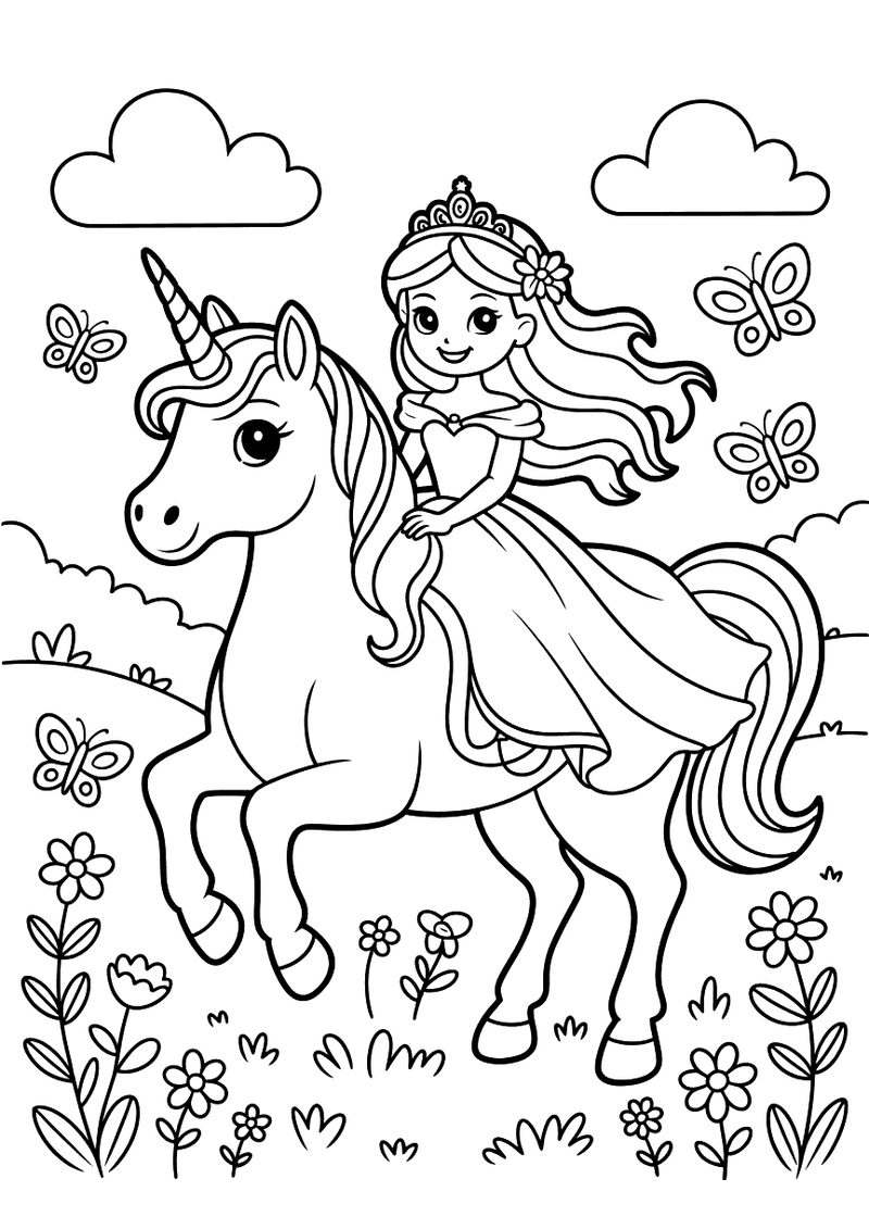 Kleurplaat van een prinses met tiara die op een eenhoorn rijdt door een weide met bloemen en vlinders, met wolken op de