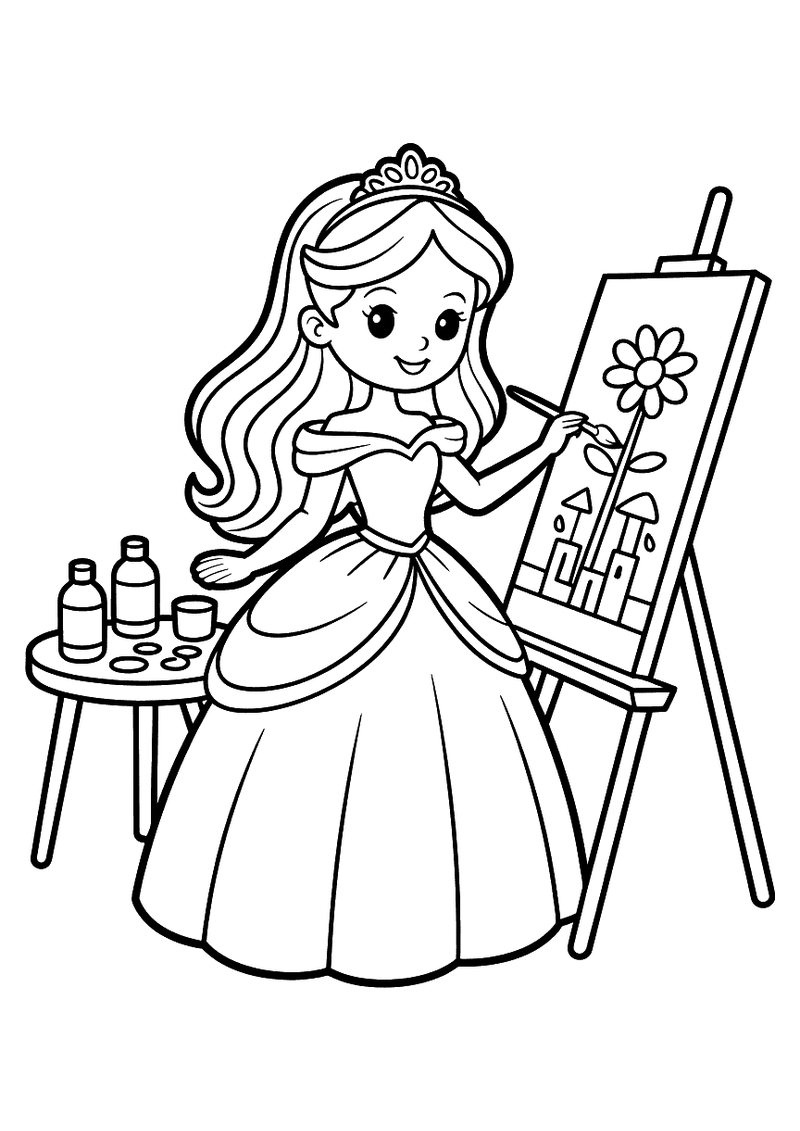 Kleurplaat van een prinses met tiara en baljurk die met een penseel een bloem schildert op een doek op een schildersezel