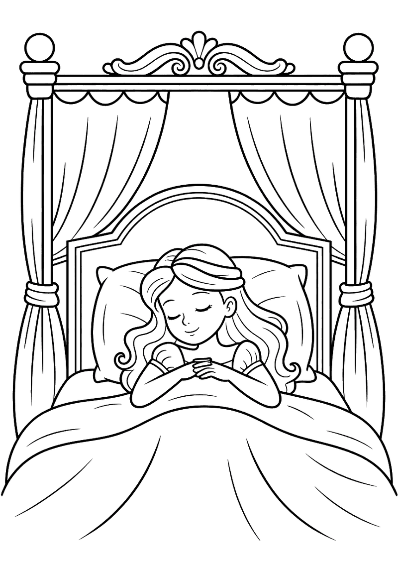 Kleurplaat van een slapende prinses die vredig ligt in een sierlijk hemelbed met een hoge hoofdsteun en gordijnen aan de