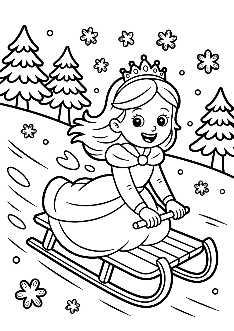 Kleurplaat van een lachende prinses met tiara die op een houten slee glijdt door een besneeuwd landschap met dennenborme