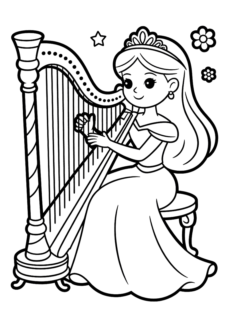 Kleurplaat van een elegante prinses met tiara die zittend op een bankje harp speelt in een grote decoratieve harp, met b