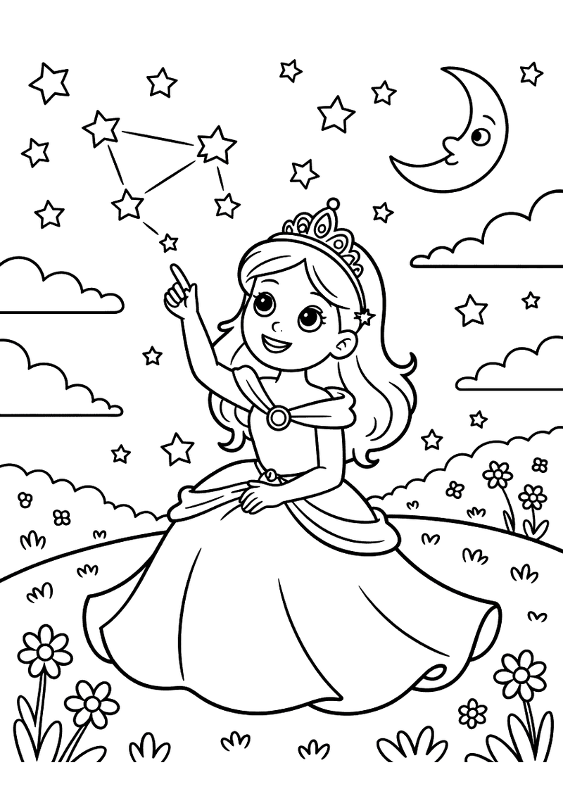 Kleurplaat van een prinses met tiara die 's avonds buiten staat en omhoogwijst naar een sterrenconstellatie en een sikke