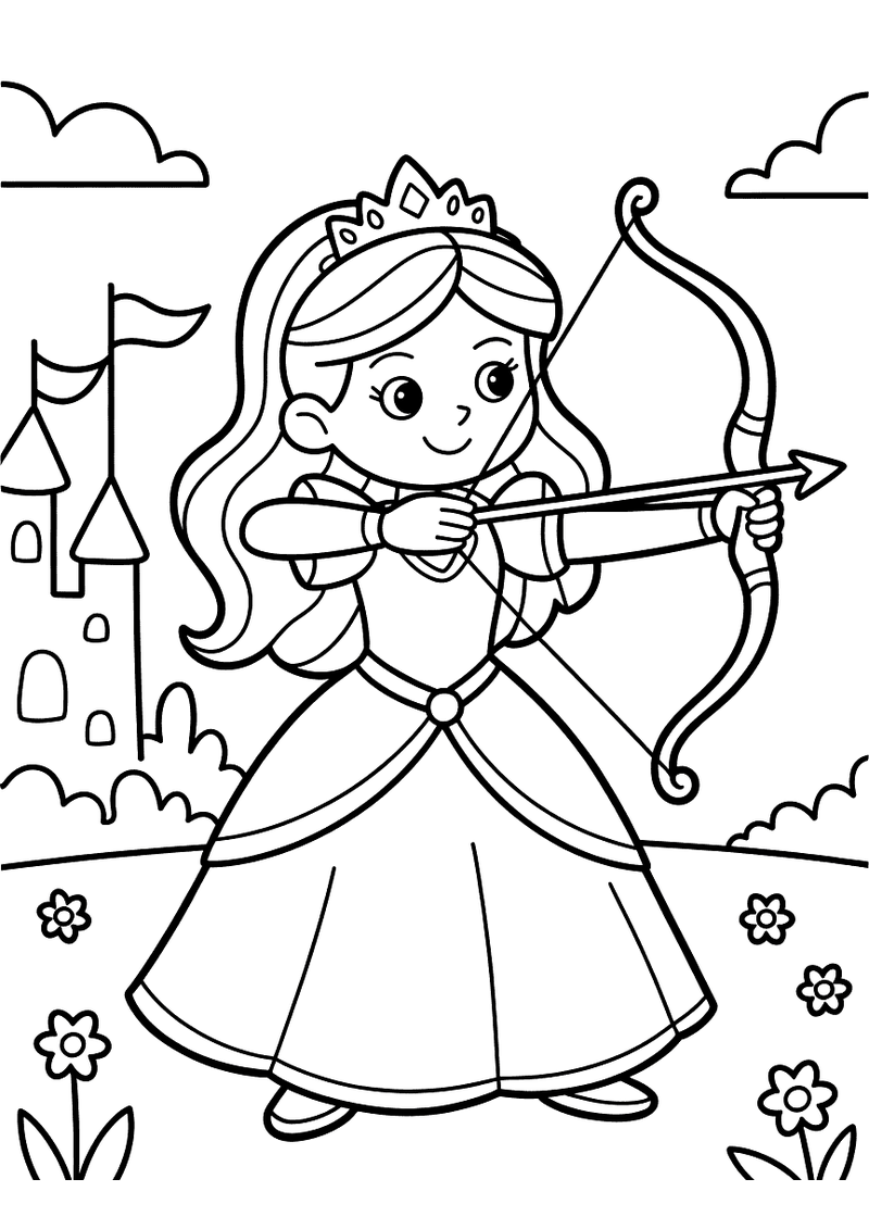 Kleurplaat van een prinses met tiara en baljurk die een pijl op een boog richt voor een kasteel op de achtergrond met bl