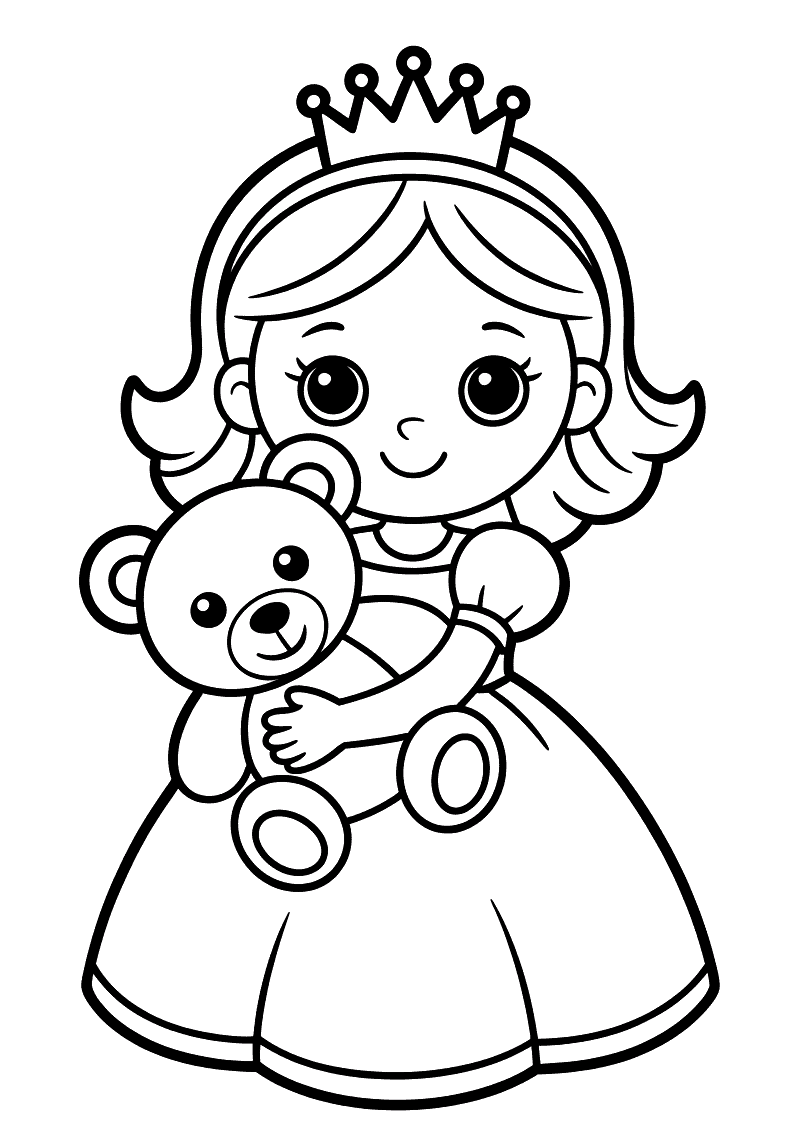 Kleurplaat van een kleine prinses met een kroon die een teddybeer vasthoudt en vriendelijk lacht, in een eenvoudige stij