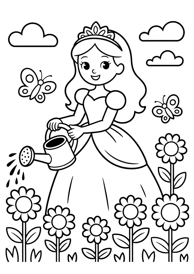 Kleurplaat van een lachende prinses met tiara die met een gieter haar zonnebloemen en andere bloemen water geeft in een