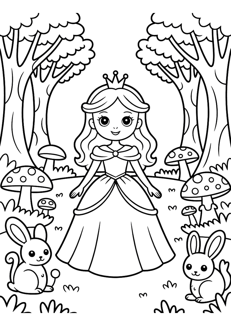 Kleurplaat van een prinses met kroon die in een betoverd bos staat met hoge bomen, paddenstoelen en twee konijnen die ha