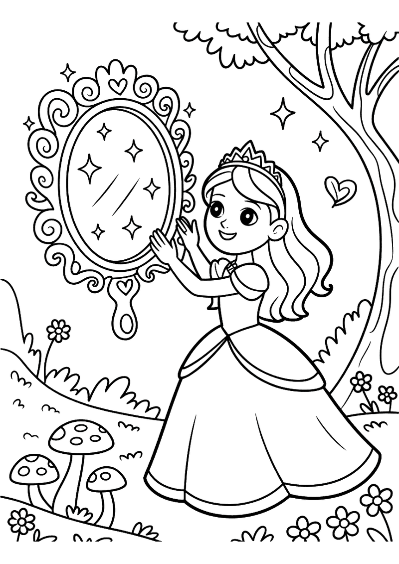 Kleurplaat van een prinses in een tuin die haar hand uitsteekt naar een grote sierlijke staande spiegel met glinstering,