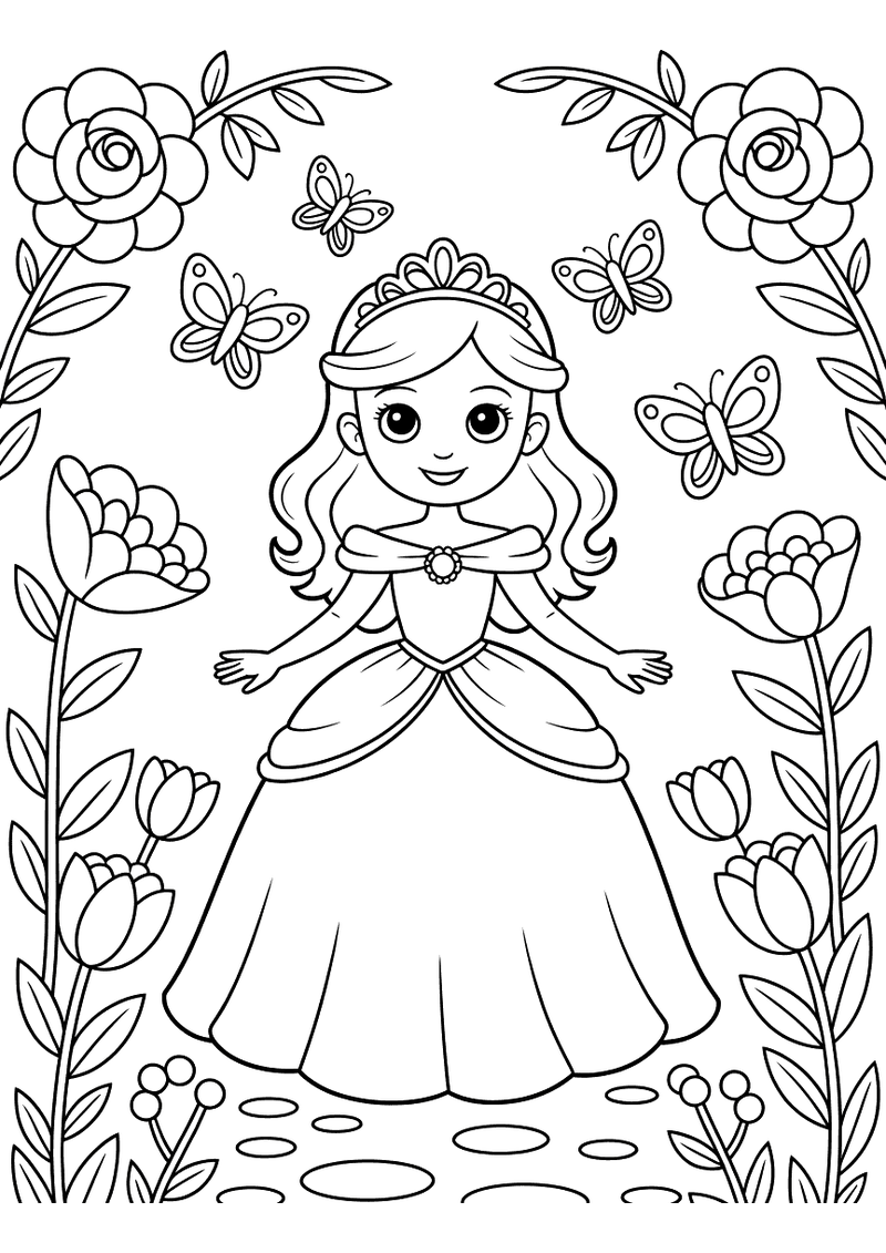 Kleurplaat van een glimlachende prinses met tiara die in een tuin staat omringd door rozen, tulpen en vlinders die in de