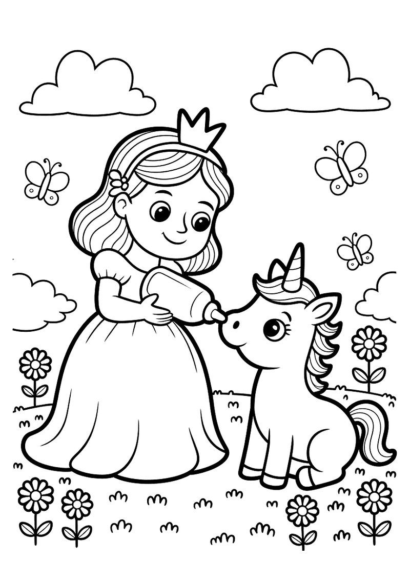 Kleurplaat van een prinses met kroon die op een weide met bloemen een klein eenhoorn aait terwijl vlinders en wolken op
