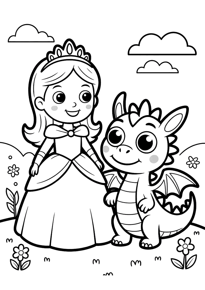 Kleurplaat van een prinses met tiara die naast een kleine groene draak staat op een grasveld met bloemen en wolken op de