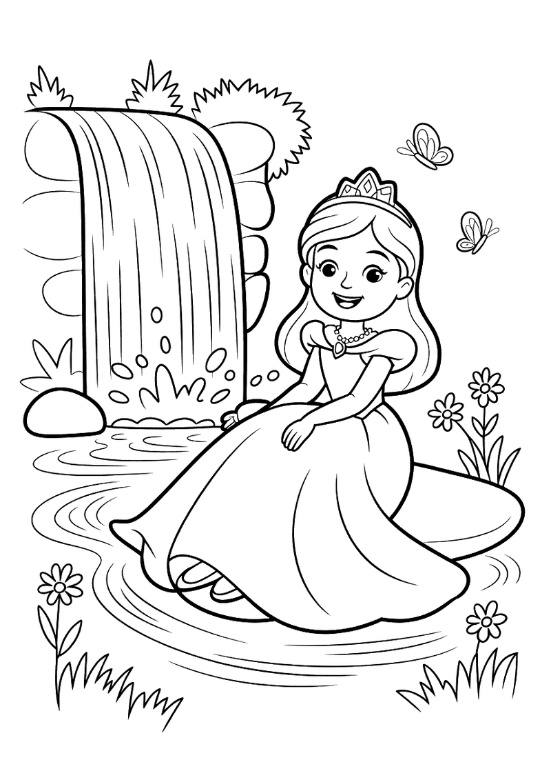 Kleurplaat van een prinses met tiara die op een steen bij een stromende waterval zit en geniet van de natuur, omringd do
