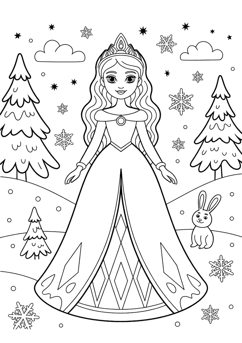 Kleurplaat van een elegante prinses met tiara en een lange winterjurk die staat in een besneeuwde scène met dennenbormen