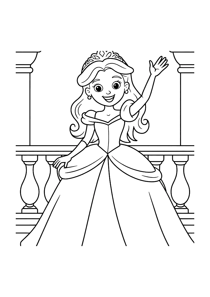Kleurplaat van een prinses met tiara in een baljurk die op een stenen balkon van een paleis staat en enthousiast zwaait