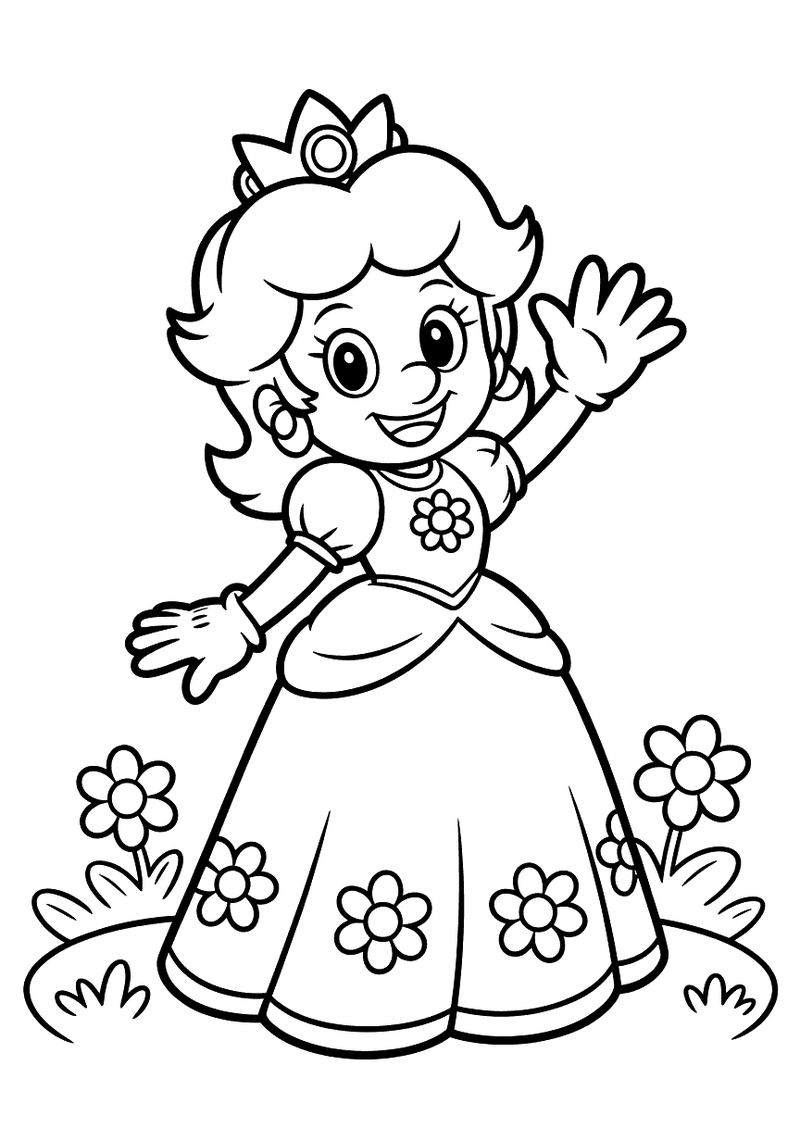 Kleurplaat van Prinses Peach die breed lacht en zwaait terwijl ze omringd is door bloemen