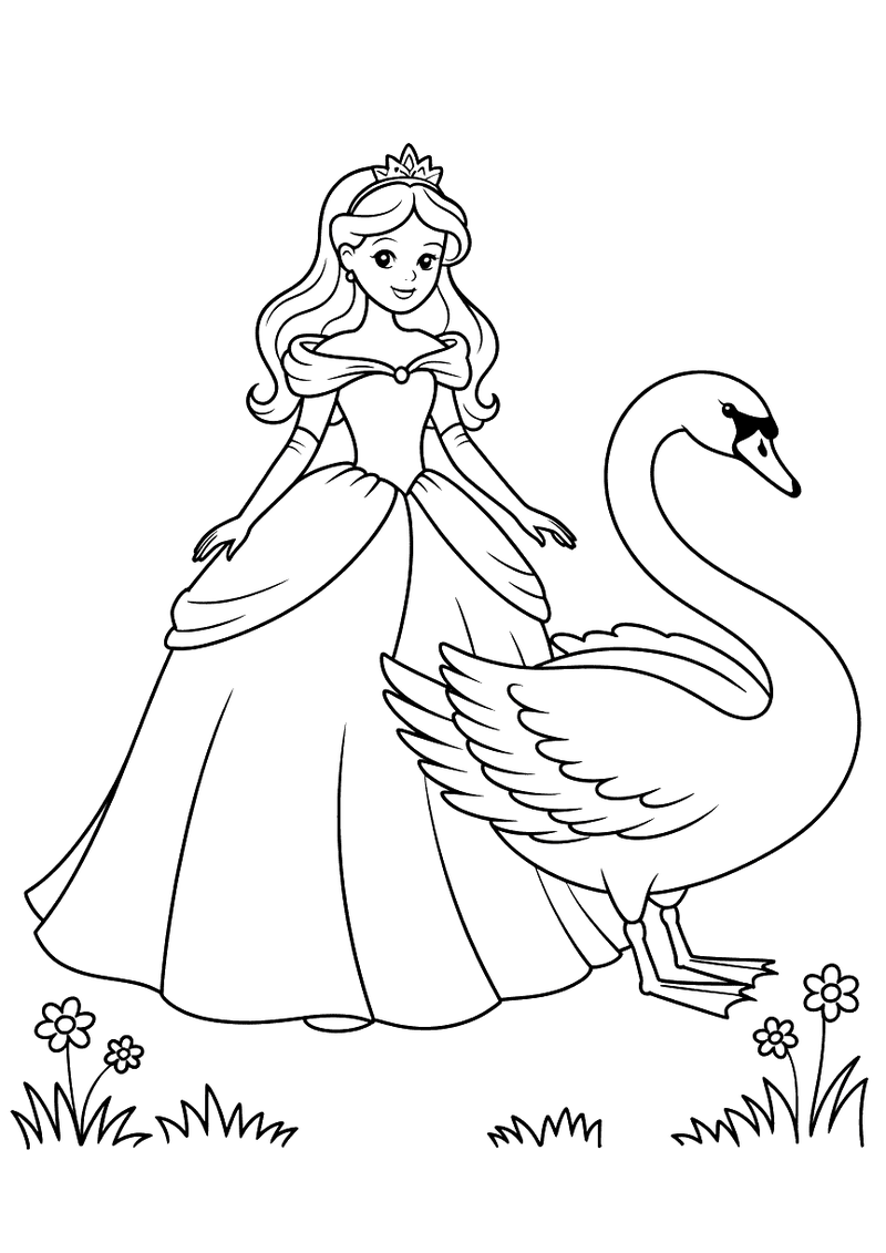 Kleurplaat van een elegante prinses in een baljurk met tiara die op een grasveld met bloemen naast een grote witte zwaan