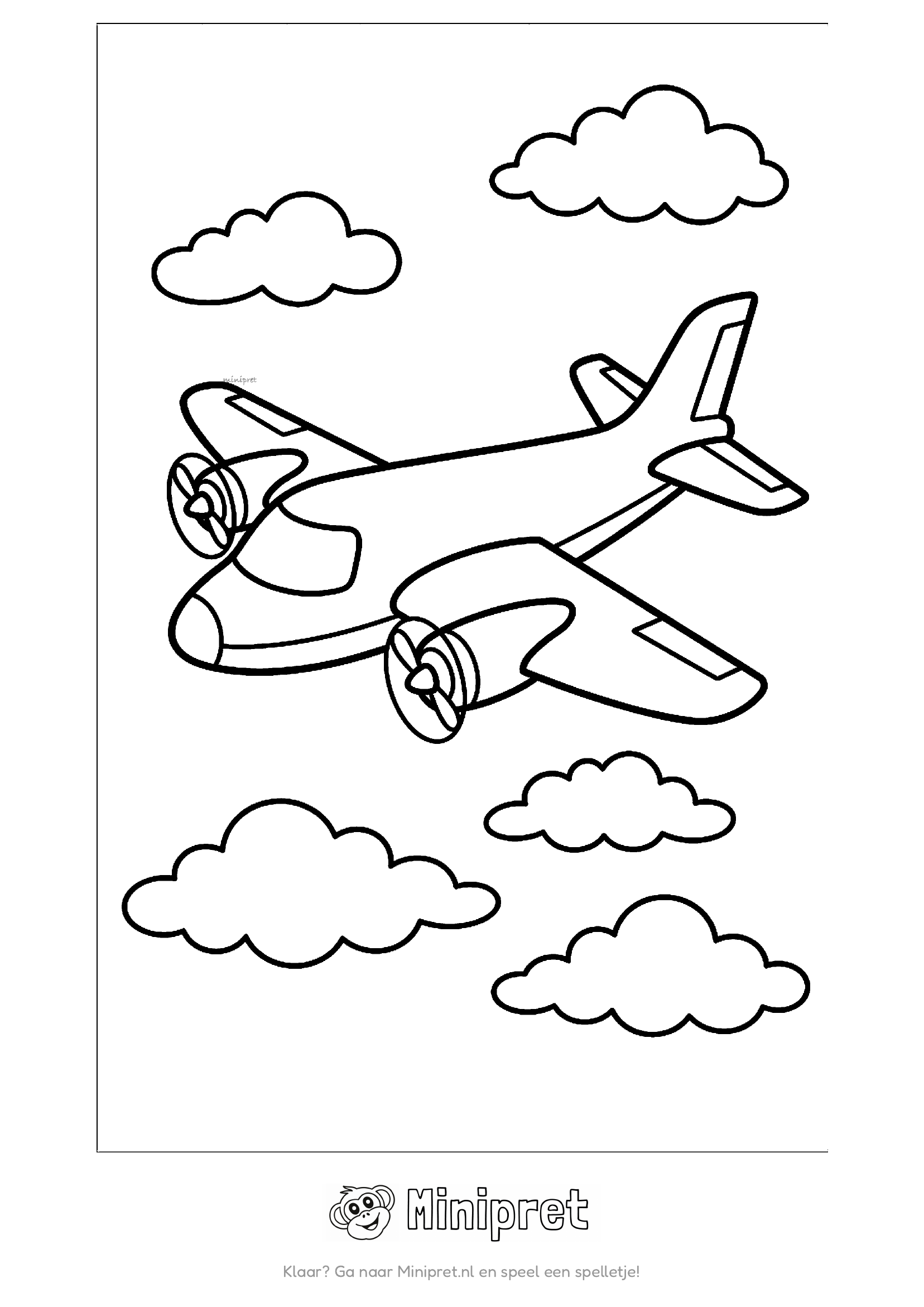 Klein cartoon-prive-vliegtuig met twee propellermotoren vliegt tussen pluizige wolken aan de hemel