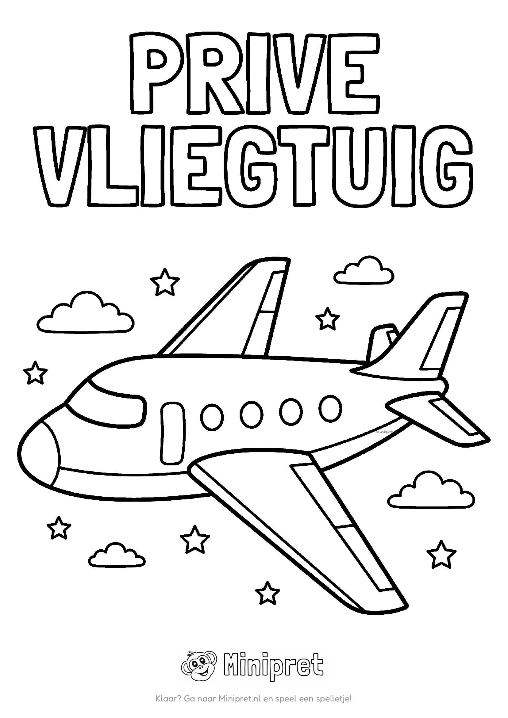 Cartoon-prive-vliegtuig met rij raampjes tussen sterren en wolken, met PRIVE VLIEGTUIG in dikke letters erboven