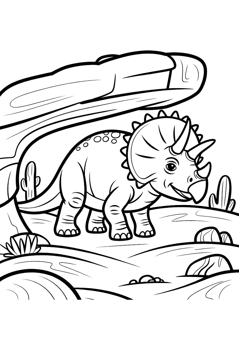 Kleurplaat van een Protoceratops die onder een grote rotsoverhang staat in een dorre woestijn met cactussen en rotsen op