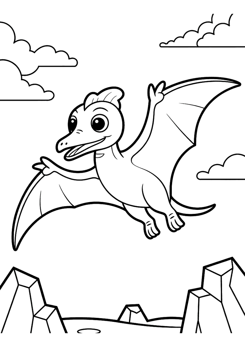 Kleurplaat van een baby Pteranodon met grote ogen die met uitgebreide vleugels boven rotspieken vliegt en zwaaift met ee