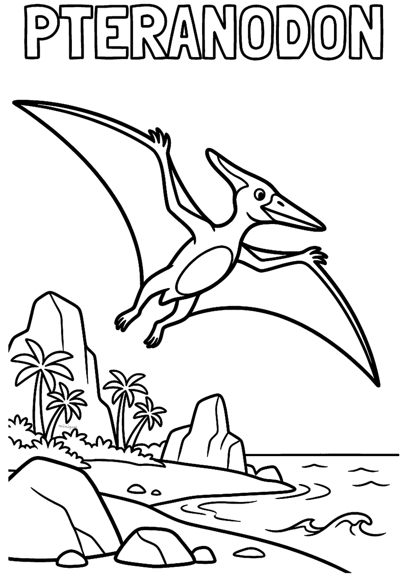 Kleurplaat van een vliegende pteranodon boven een strand met rotsen, palmen en golven